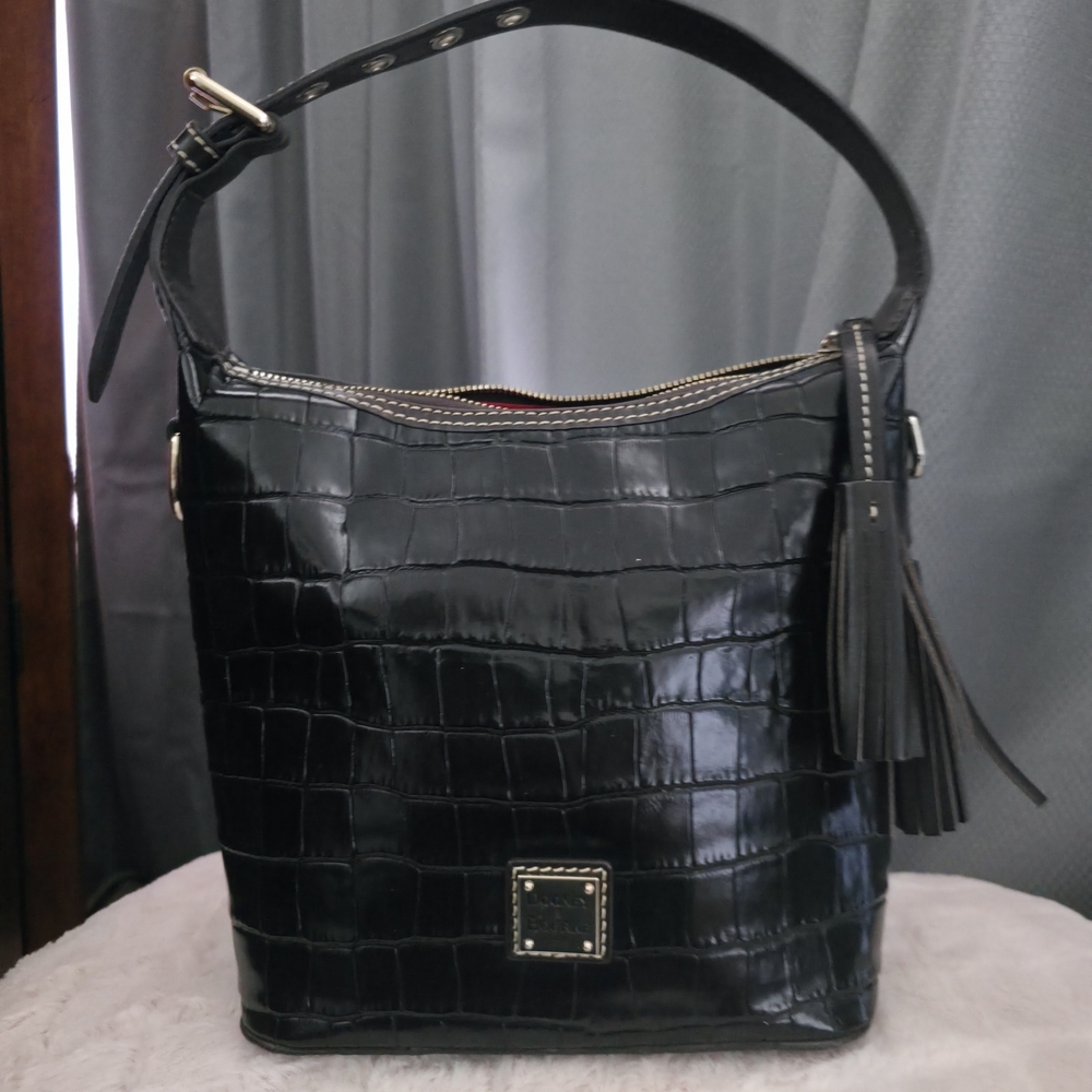 Dooney & Bourke Black Croc-Embossed Leather Shoulder Bag with Tassel